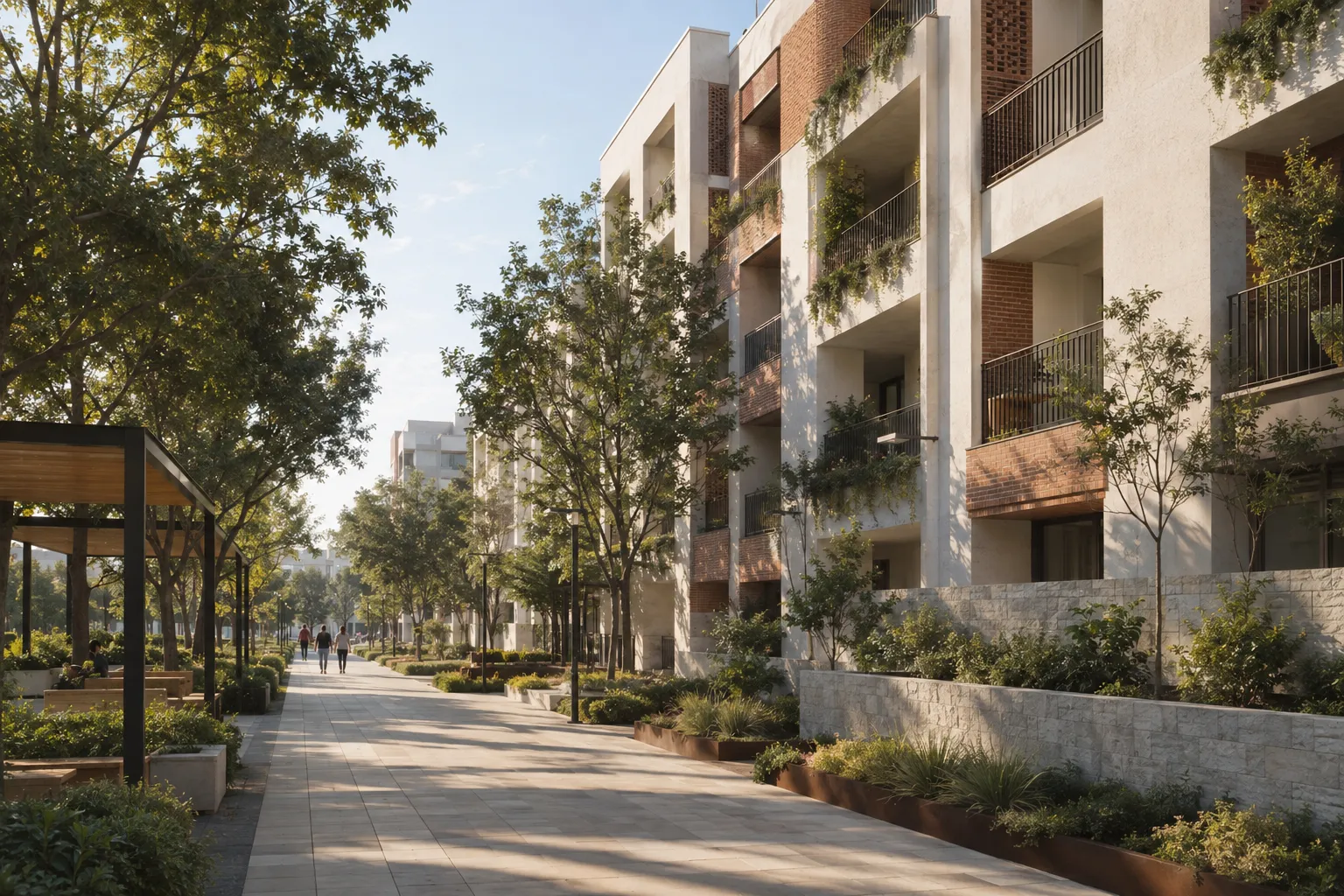 Visualización provisional de un paseo arbolado junto a edificios residenciales contemporáneos